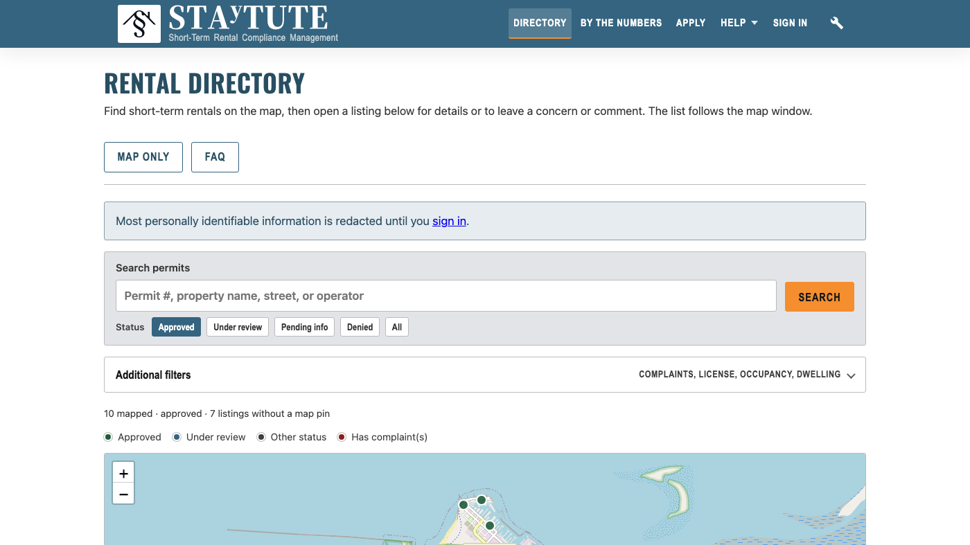 STAyTUTE public rental directory: map of licensed stays plus listing cards a resident can open to see details or file a problem.